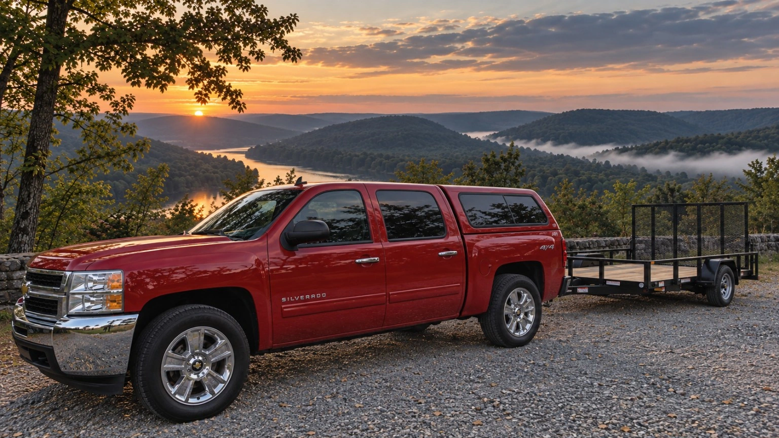 Red Chevrolet Silverado 4x4 with open utility trailer used by Hey Monty